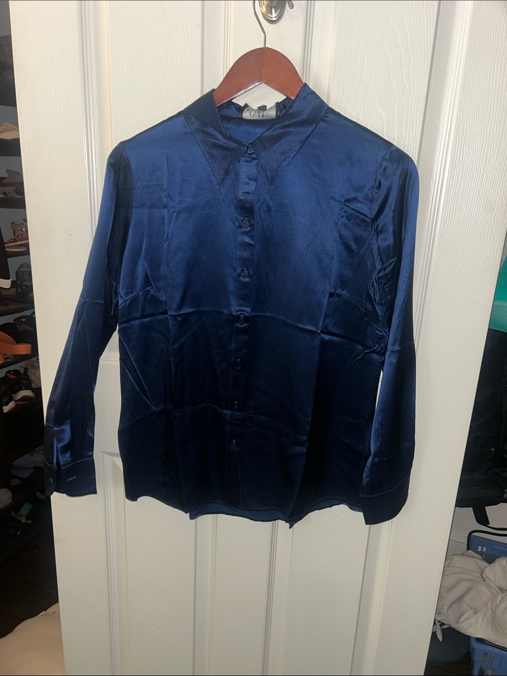 Women's Satin Navy Button-Down Blouse by CAbi
